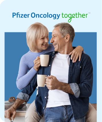 Pfizer Oncology together logo above actor portrayal of two people drinking out of mugs.
