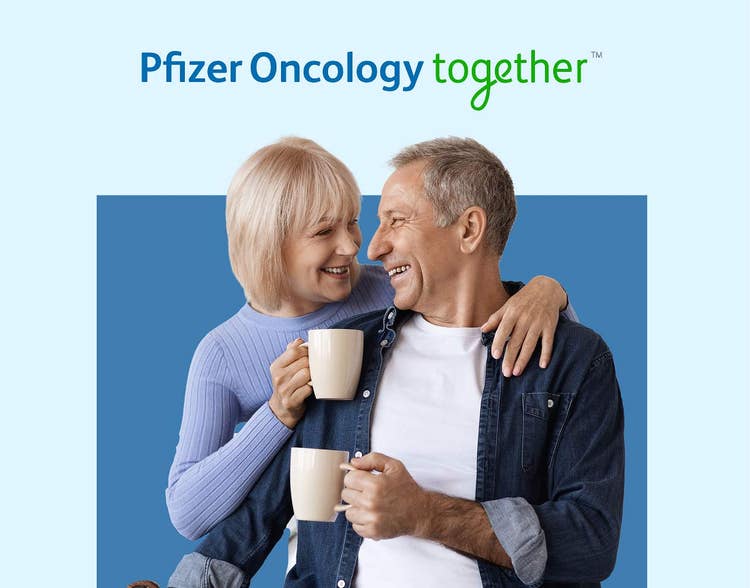 Pfizer Oncology together logo above actor portrayal of two people drinking out of mugs.
