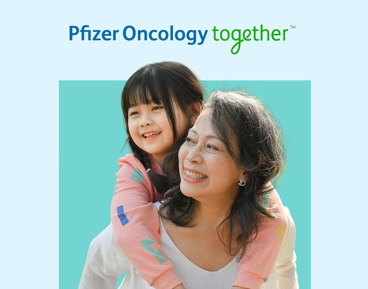 Pfizer Oncology together above actor portrayal of a daughter on her mom's back.