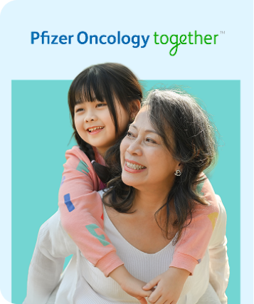 Pfizer Oncology together above actor portrayal of a daughter on her mom's back.