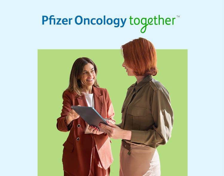 Pfizer Oncology together logo above actor portrayal of two people standing and reviewing a tablet.