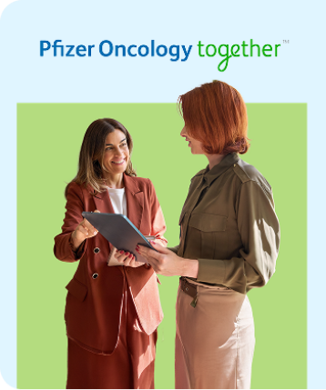 Pfizer Oncology together logo above actor portrayal of two people standing and reviewing a tablet.