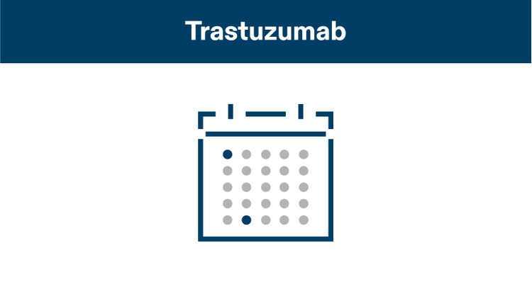 A Trastuzumab header with a calendar icon depicting dosing schedule below.