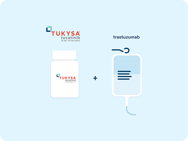 TUKYSA (tucatinib) bottle and trastuzumab infusion bag illustrated side by side with plus symbol.